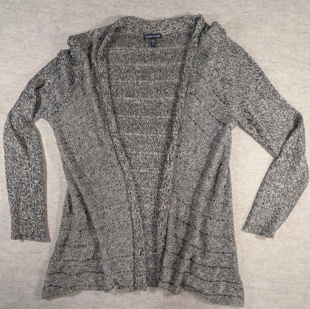 Wool & Linen Lightweight Open Cardigan Eileen Fisher Gorgeous Black & White Med